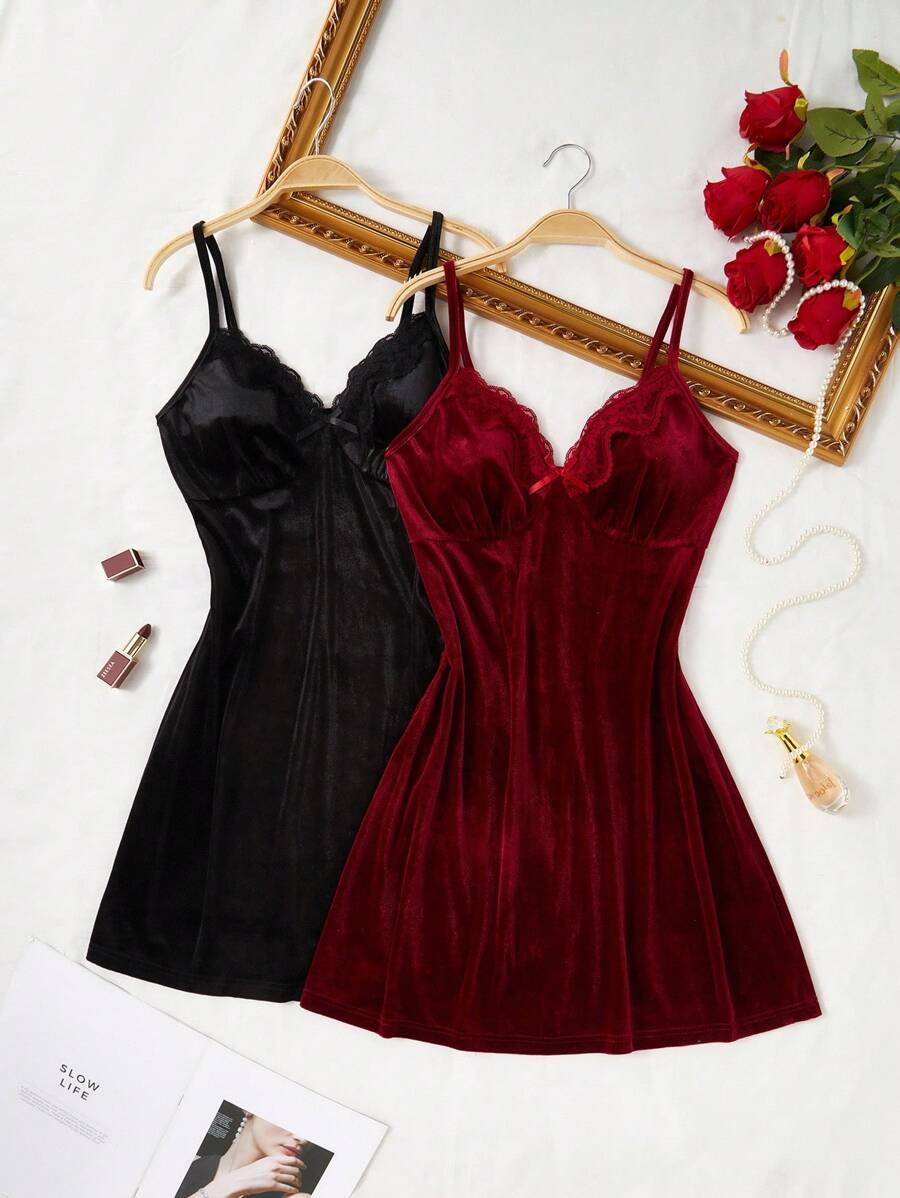 SHEIN 两件套女士优雅天鹅绒蕾丝边吊带睡裙套装，天鹅绒睡衣连衣裙，秋冬服装，舒适保暖 - 彩色 - 查看 1