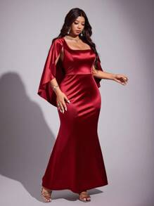 Viva Relle Elegant Slimming Fish Tail Hem Long Dress, Plus Size - Burgundy - View 5