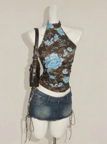 SHEIN ICON Y2K 夏季外出波西米亚西部乡村音乐会女式性感露背花卉印花挂脖上衣，夏季 - 棕色 - 查看 5