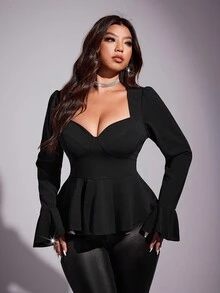 Viva Relle Áo sơ mi nữ dáng rộng thanh lịch dự tiệc gợi cảm tối giản hàng ngày co giãn ôm sát cổ tay dài xòe bo gấu eo - màu đen - Xem 6