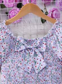 女童花卉印花蝴蝶结装饰短袖连衣裙