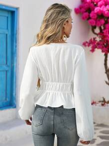 Vivid Eden Women's White V-Neck Boho Blue Floral Embroidered Long Sleeve Blouse, Vacation Woman, White Boho Top,Boho Blouses, Long Sleeve Boho Top,Tie Front Top,Going Out Tops,Western Wear Women,Airport Women,Cute Top,Fall Women,Back To School, Country Concert ,Going Out Tops, Boho Tops For Women, Bohemian Top - White - View 2