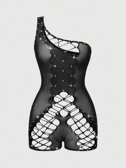 ROMWE Avant Fashionable Avant-Garde Highly Elastic Mesh Rhinestone Decor Sexy Jumpsuit For Women