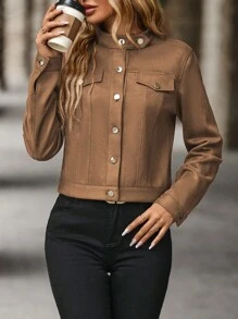 EMERY ROSE Flap Detail Button Front Suedette Crop Jacket Fall Winter Cloth For Women - Brown - View 3