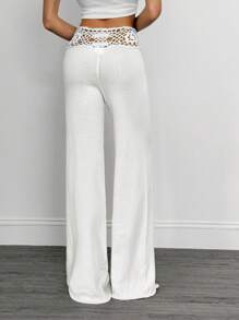 SHEIN Tall Quần len ống rộng đan móc phong cách du lịch giản dị thời trang cho nữ vào mùa thu/đông - trắng - Xem 2