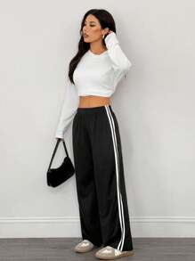 SHEIN PETITE Casual Black Side Striped Trousers Simple Fashion Daily Casual Loose Pants