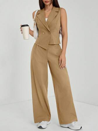 SHEIN PETITE Conjunto de 2 piezas de ropa de otoño, top sin mangas y pantalón de unicolor