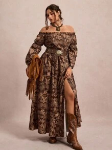 Freevana Váy dài tay trễ vai in họa tiết cổ điển cỡ lớn - Nhiều màu - Xem 3