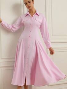 GENKIRA French Retro Waist Flared Split Hem Plaid Shirt Collar Long Sleeve Dress For Women Fall Cloth For Women - Pink - View 4