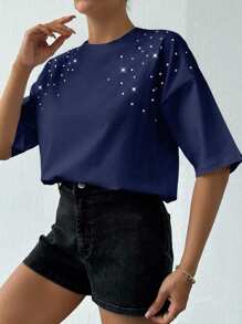 EURMUSE 100%Cotton Women's White T-Shirt With Rhinestones Detail - Navy Blue - View 3
