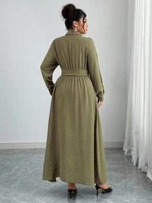 Elenzga 女士优雅复古正式办公室通勤休闲度假下午茶连衣裙，法式精致纯色 V 领腰带 A 字长袖超长连衣裙，军绿色 - 軍綠色 - 查看 2