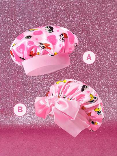 THE POWERPUFF GIRLS X SHEIN 2-Layer Upgraded Hair Care Cap, Wide Elastic Satin Sleeping Cap, Soft & Comfortable For Daily Home Wear, Pink Heart & "Blossom & Bubbles & Buttercup" Pattern,Y2K
