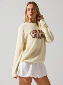 Fluxe Women's Casual Light-Yellow Featherweight Drapey Open-Stitch Knit Cover-Up With See-Through Letter Motif And Long Sleeves In Fall/Winter