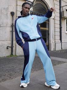 Manfinity EMRG 男士休闲运动连帽卫衣和运动裤两件套；针织运动服；拉链连帽衫和松紧腰慢跑裤；极简色块和星星印花设计，层次分明，活力四射，清新活力，适合日常、时尚、返校、户外、休闲、运动等各种场合。节日礼物，男友礼物，男士两件套蓝色两件套男士男士色块套装 Y2k 运动服男士慢跑套装，秋装