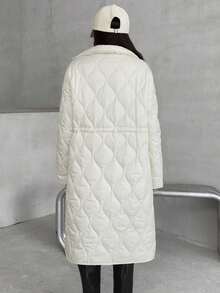 EURMUSE Women's Solid Waist Drawstring Quilted Patched Pocket Loose Fit Midi Winter Coat - White - View 2