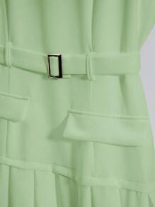 Franclia 优雅法式时尚简约百搭圆领无袖系带腰部下摆褶皱白色梭织连衣裙，适合女士春夏、商务休闲、毕业典礼 - 綠色 - 查看 5