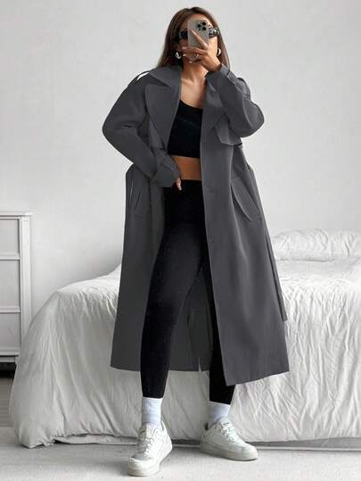 SHEIN EZwear 深灰色中長款風衣，翻領設計搭配口袋細節，適合休閒優雅風格，女款秋季辦公室長版大衣