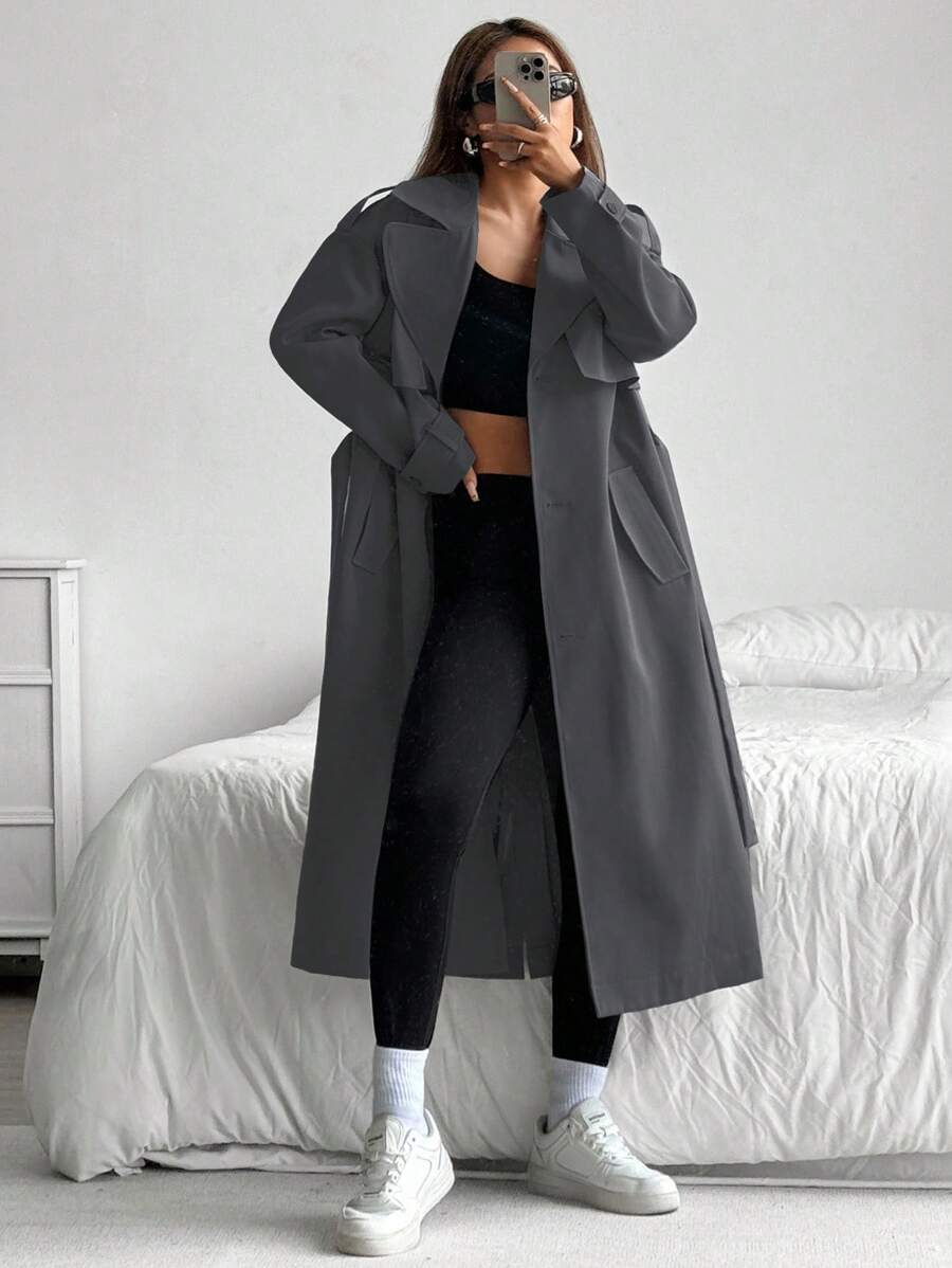 SHEIN EZwear 深灰色中长款风衣，翻领口袋细节，适合秋冬休闲风格风衣女长款风衣 - 深灰色 - 查看 1