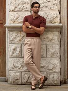 Manfinity VCAY 男士亚麻混纺休闲裤，褶皱设计，简约舒适，夏季男士亚麻裤，男士米色裤子，男士抽绳裤，男士亚麻长裤，男士休闲亚麻裤，秋季 - 棕色 - 查看 2