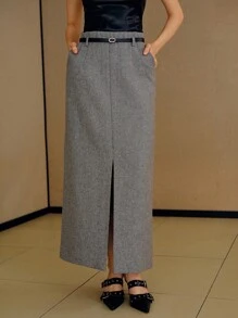 MOTF PREMIUM 女士灰色羊毛混纺短裙，冬季 - 灰色 - 查看 6