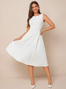 Amorya Women Round Neck Sleeveless Dress With Split Hem And Structural Design,White Graduation Dress Business Casual Woman Night Out Teacher Outfits For Women Church Outfits Women