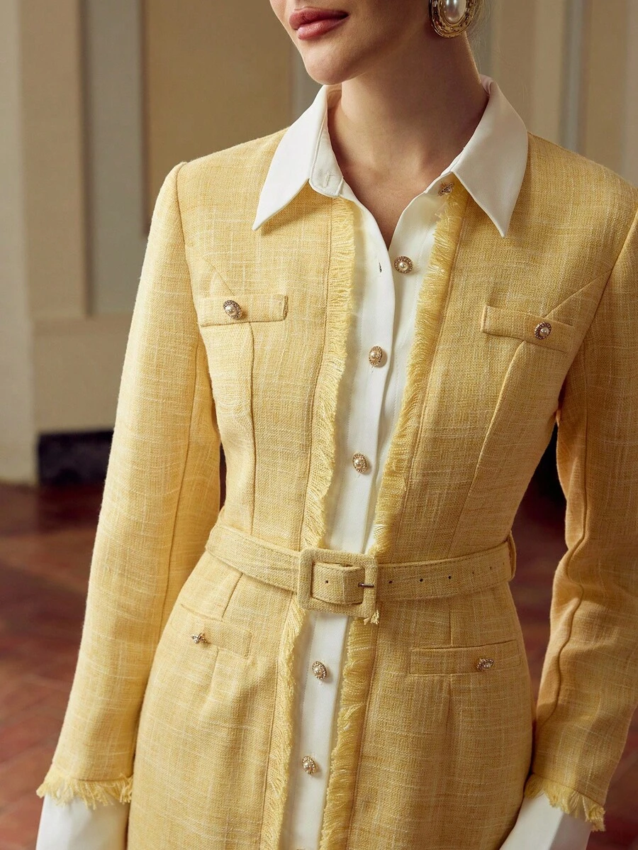 ZEYLAH Women's Elegant Mid-Length Dress With 2 In 1 Design, Long Sleeve, Single-Breasted Fall Cloth For Women