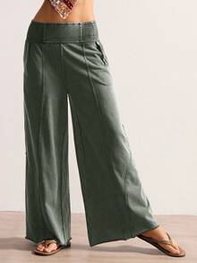 Bohemela Quần ống rộng dệt kim màu trơn đơn giản cho nữ đã giặt - xanh quân đội - Xem 3