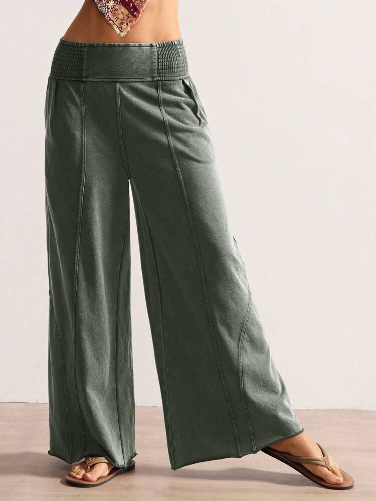 Bohemela Women's Casual Solid Color Knit Loose Wide Leg Washed Pants Women Wide Leg Pants Green Pants For Women Smocked Waist Pants,Fall - Army Green - View 3