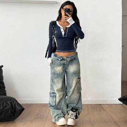 여성 캐주얼 컬러블록 하프 버튼 티셔츠