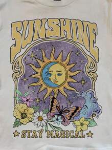 Attitoon Casual Crew Neck Short Sleeve Fitted Women T-Shirt, Suitable For Summer, Vacation, Sun, Moon, Butterfly, Floral Print Vintage Graphic Tees Summer Graphic Tees Suitable For Going Out - White - View 6