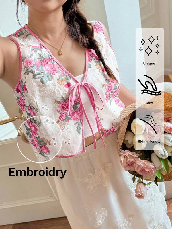 SHEIN LUNE Women V-Neck Sleeveless Short Knit Cardigan Vest With Tie, European And American Style Floral Top Rose Top Summer Floral Top Vacation Outfits Woman Going Out Tops Women Teacher Outfits For Women Cute Shirts Vintage Old Money Style Women Streetwear Korean Style Kawaii Fall Women Clothes Back To School Clothes Streetwear Vintage