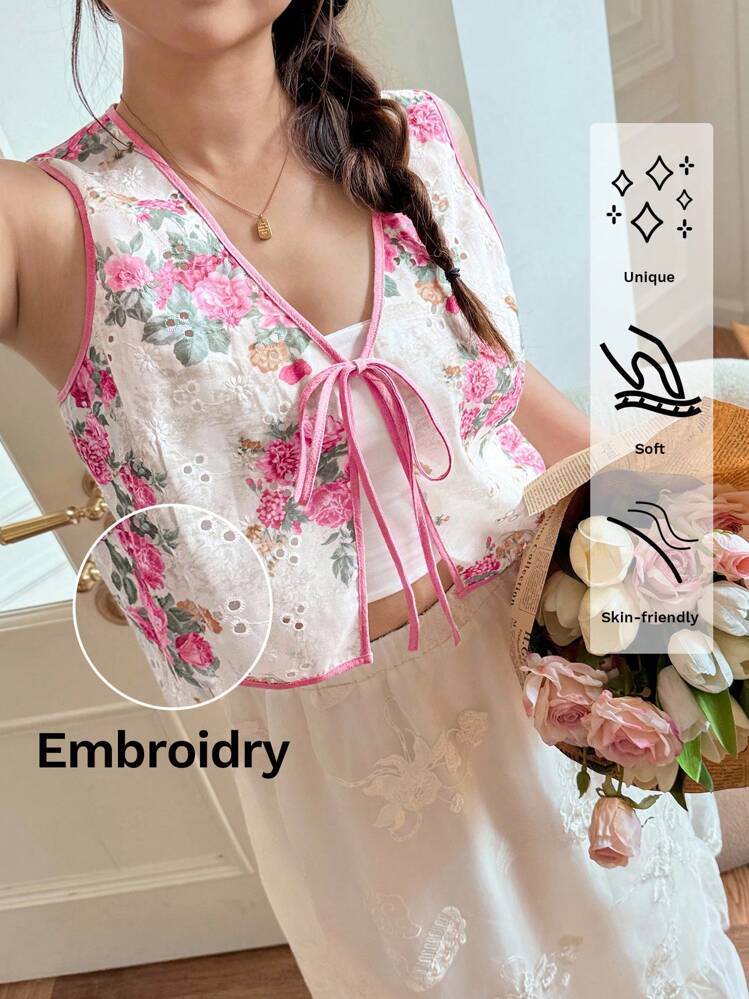 SHEIN LUNE Chaleco de punto sin mangas con cuello en pico y lazo para mujer de talla grande, estilo europeo y americano, blusa floral de verano con estampado de rosas, para vacaciones, salidas, maestras, blusas lindas, estilo vintage de dinero antiguo, ropa de calle coreana estilo kawaii, vuelta al cole, ropa de calle vintage - Multicolor - Ver 1