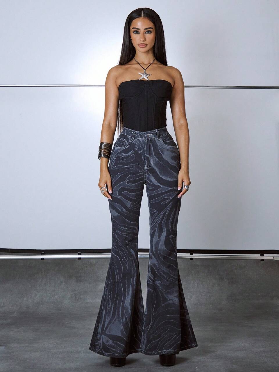 Dark Grey Allover Print Flare Leg Jeans For Women,Street Wear Y2k Grunge Birthday Night Out,Summer Fall Autumn Winter Streetwear Clothes