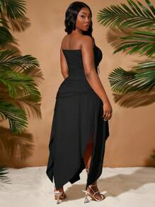 SHEIN SXY 大码女装春夏优雅新都市纯色褶皱腰不对称下摆高开衩抹胸连衣裙，适合日常穿着，波西米亚风 - 黑色 - 查看 2