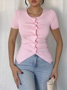 Rafferiza 全新复古合身褶皱不对称纽扣设计女式针织上衣，适合春秋季节 - 粉色 - 查看 4