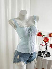 Sweetra 女式蕾丝刺绣吊带背心，甜美法式无袖修身背心，适合分层穿着或外套，方领，修身，百搭 - 藍色 - 查看 4