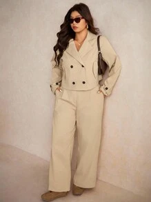 SHEIN Elaquor 2pcs Plus Size Casual Short Basic Windbreaker Jacket And Straight Leg Casual Pants Set - Apricot - View 6