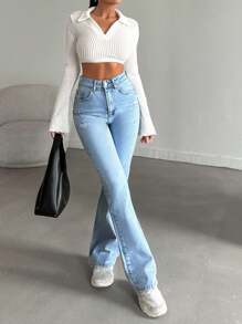 EURMUSE 98%Cotton High-Waist Original Boot Cut Jeans - Medium Wash - View 6