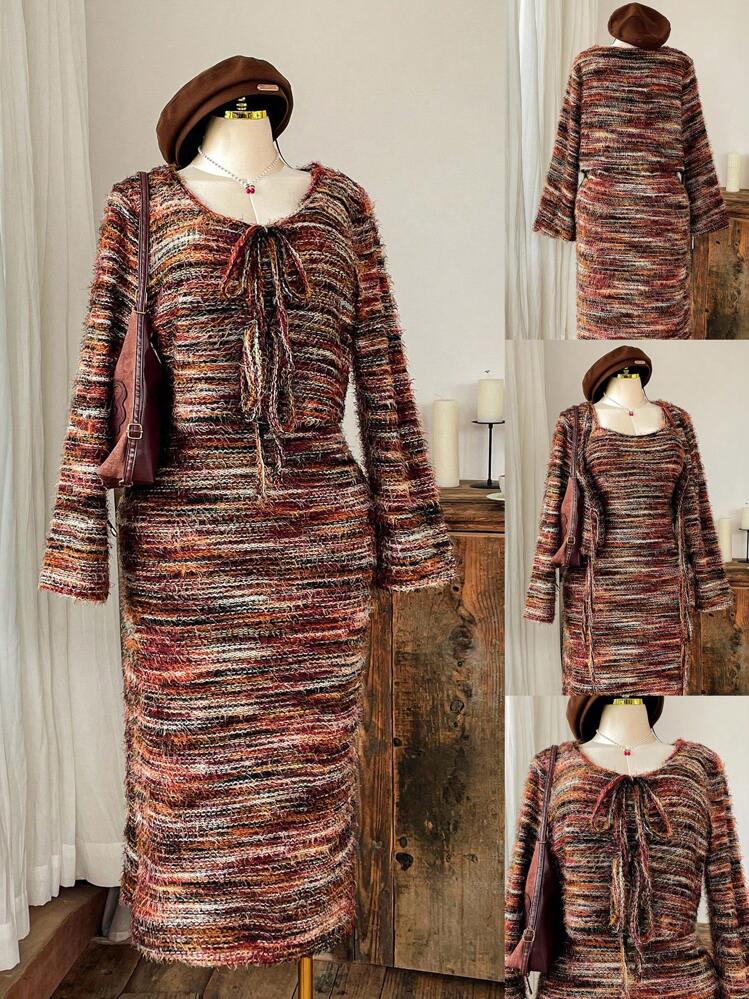 SHEIN EZwear 复古波西米亚风格彩色条纹针织细肩带长裙和系带开衫套装，加大码 - 彩色 - 查看 9