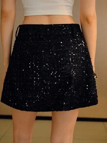 MOTF PREMIUM TWEED SEQUIN BUTTON DETAIL A-LINE SKIRT FOR AUTUMN & WINTER - Black - View 3
