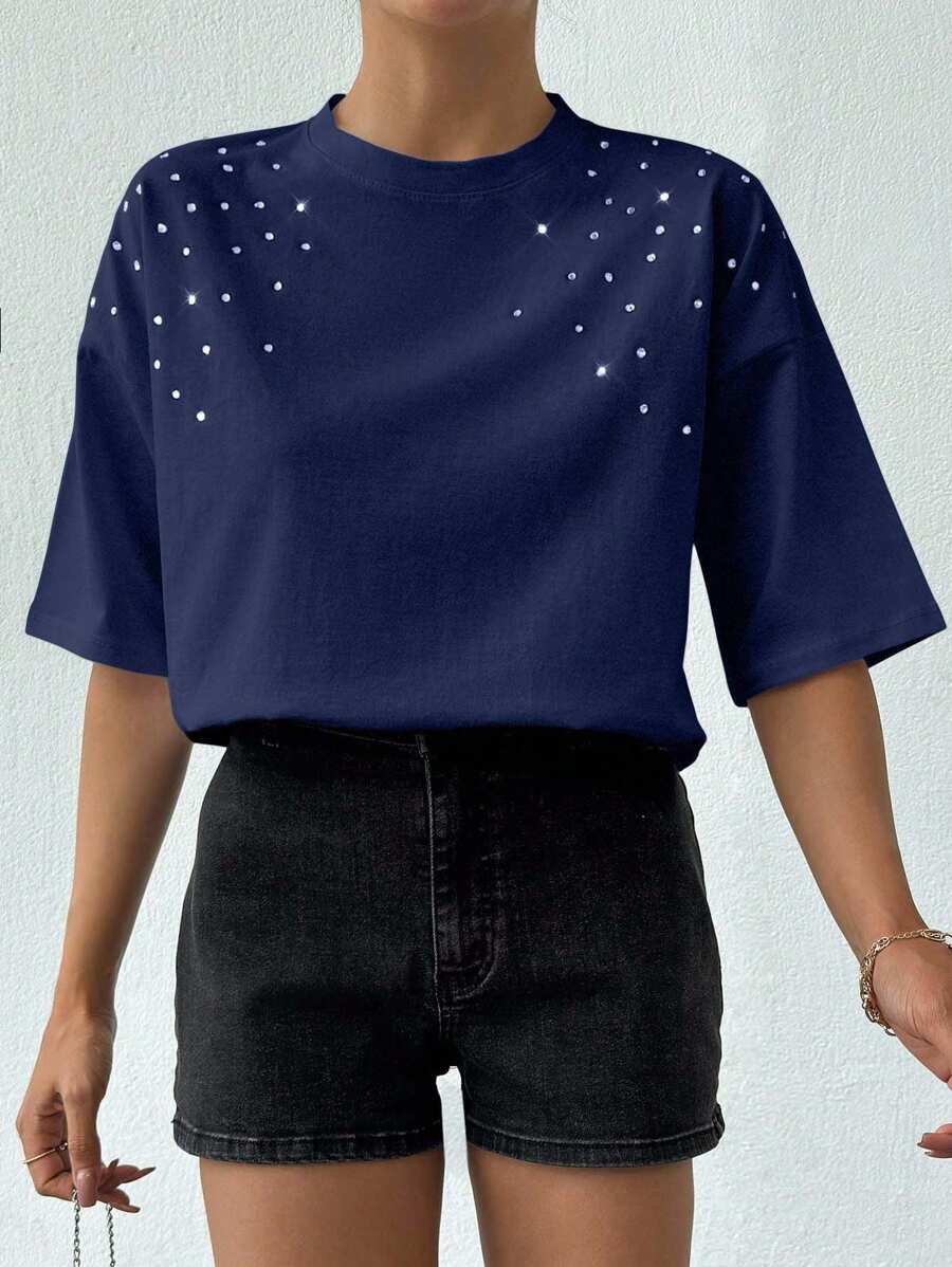 EURMUSE 100%Cotton Women's White T-Shirt With Rhinestones Detail - Navy Blue - View 1