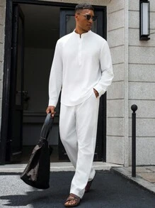 Manfinity Homme 男士棉质休闲长袖可调节袖口半襟立领衬衫和宽松长裤套装男士两件套服装