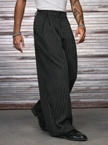 AXEPEAK 大码男士休闲日常通勤条纹侧袋阔腿裤 - 黑色 - 查看 3