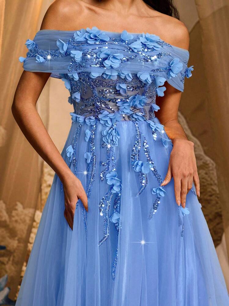 Glamrae Elegant Luxurious 3D Floral Embroidery Lace Patchwork Tulle Maxi Skirt, Suitable For Wedding, Party, Vacation, Ball Gown (Heavy Embroidery) - Blue - View 1