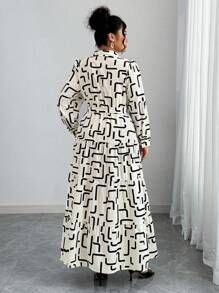 Flirla Damen Große Größen Geometrisches Muster Langarm Rüschen Saum Lässig Hemdkleid - Aprikosenfarben - Übersicht 2