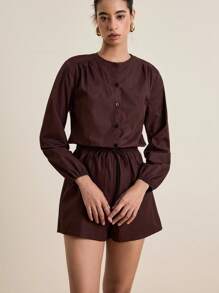 INAWLY Casual Solid Color Waist Cinched Romper Fall Cloth For Women - Brown - View 4
