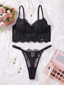 2件套女士白色浪漫长款文胸内衣套装 - 黑色 - 查看 3