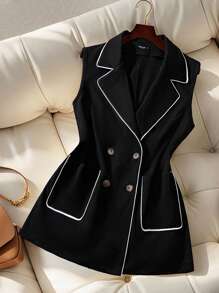 GlowEve CURVE 大码女式黑色无袖秋季通勤优雅拼接白色时尚休闲夹克