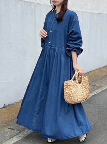 FRIFUL 女式休闲宽松牛仔连衣裙 - 深色水洗藍 - 查看 6