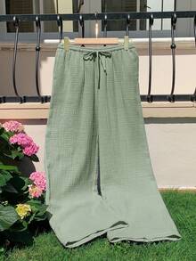 Comfortcana Women's Solid Color Knotted Casual Wide Leg Pants 100% Cotton Pants,Fall - Mint Green - View 3
